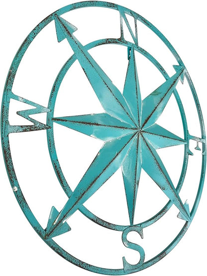Zeckos 20.25 Inch Aqua Metal Compass Rose Wall Decor, Distressed Coastal Nautical Compass Star Round Wall Art for Entryway, Living Room, Bedroom, Hallway or Beach House