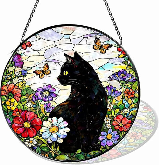 Stained Glass Suncatchers for Windows, 8 in Hanging Sun Catchers Indoor Window, Cat Suncatcher for Home Decor, Garden, Patio