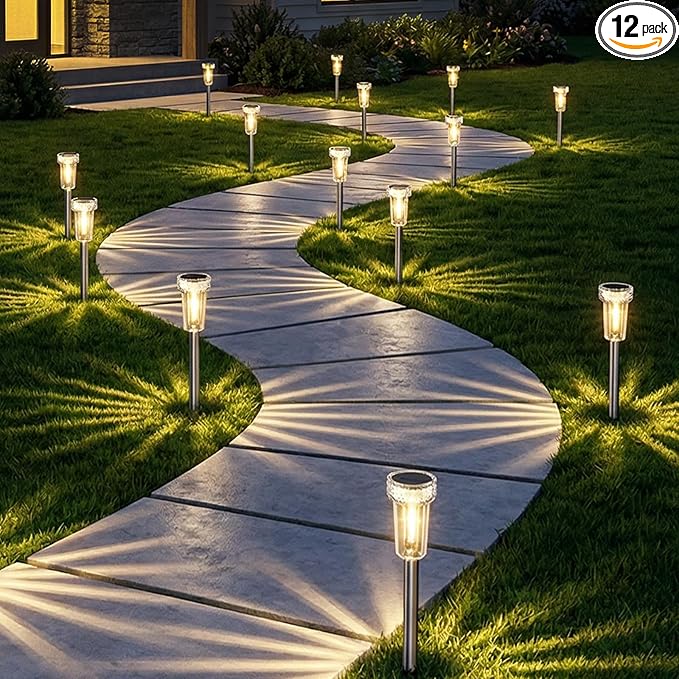 DERAYSION 12 Pack Solar Pathway Lights Outdoor, Auto Dusk-to-Dawn Landscape Garden Lighting, Waterproof Stainless Steel Pole Lighting for Path, Yard, Walkway, Garden, Driveway Decor - Warm White