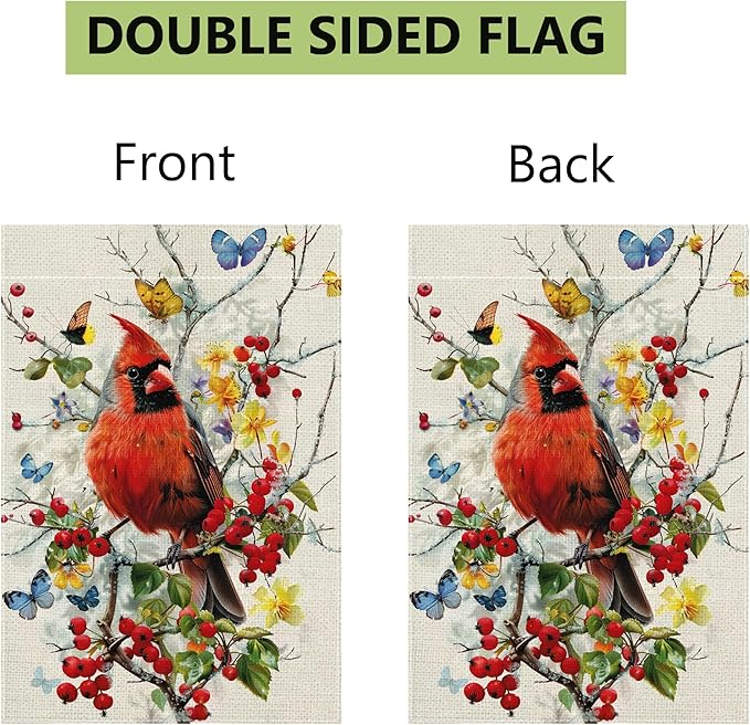Spring Summer Cardinal Bird Butterfly Floral Garden Flag 12x18 Inch Double Sided, Welcome Yard Decor, Farmhouse Outdoor Flag for Lawn Patio Porch