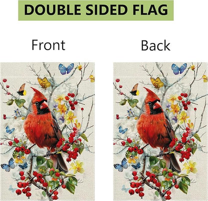 Spring Summer Cardinal Bird Butterfly Floral Garden Flag 12x18 Inch Double Sided, Welcome Yard Decor, Farmhouse Outdoor Flag for Lawn Patio Porch