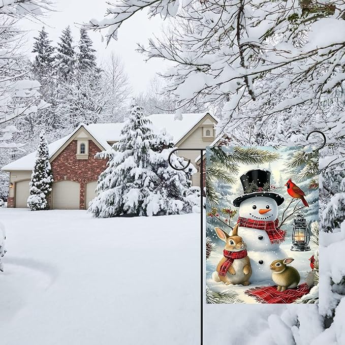 Winter Garden Flags 12x18 Double Sided, Small Burlap Outdoor Holiday Farmhouse Rustic Snowman Bunny Xmas Garden Flag Christmas Decorations Yard Lawn Porch Flags for Outside Decor