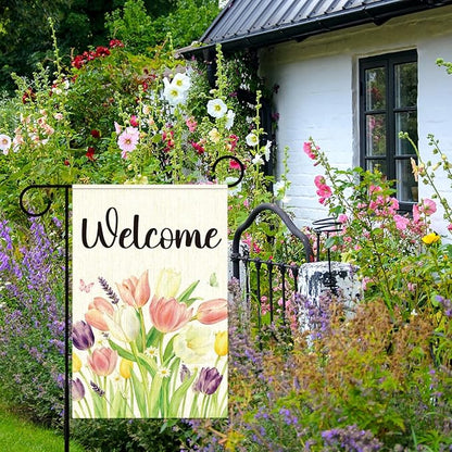 Spring Tulip Welcome Garden Flags for Outside,Welcome Spring Yard Flag for Lawn Porch Outdoor Spring Theme Decorations 12x18 Inch Double Sided