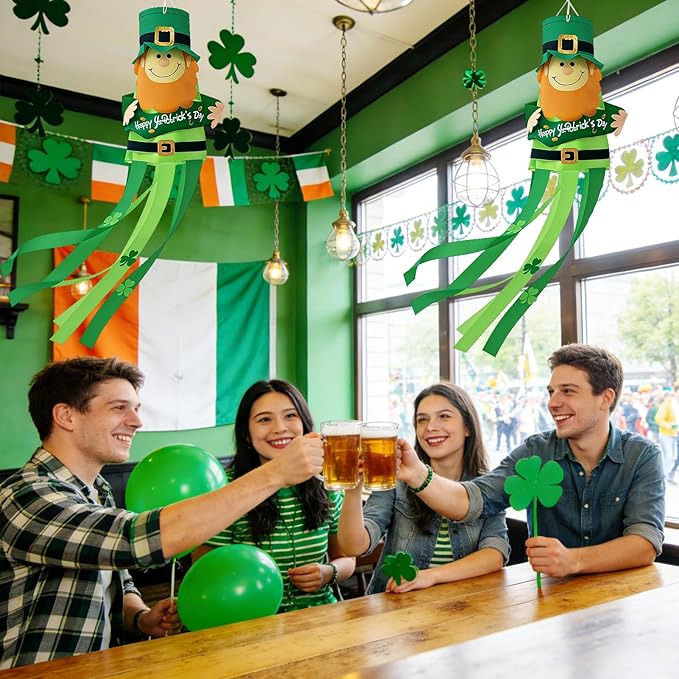 47 Inches St. Patrick's Day Leprechaun Windsock Decoration, Green Hanging Outdoor Windmill Decor with Shamrock Designs, Festive Irish-Themed Wind Sock Ornament for Garden, Patio, and Yard