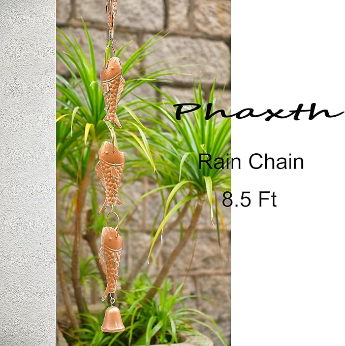 Copper Patina Rain Chain with Rainbow Trout for Heavy Rain, Functional and Decorative Replacement Downspout Chain for Outside, Rain Catcher Chain for Gutters, 8.5FT