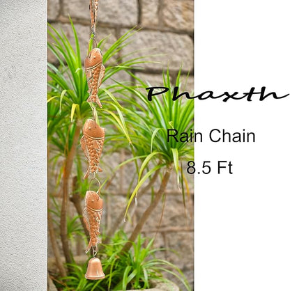 Copper Patina Rain Chain with Rainbow Trout for Heavy Rain, Functional and Decorative Replacement Downspout Chain for Outside, Rain Catcher Chain for Gutters, 8.5FT