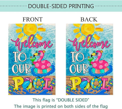Baccessor Summer Pool Flamingo House Flag Vertical Double Sided Summer Welcome to our Pool Large Yard Flag Double Sided 28x40 Inch Burlap Vertical Seasonal Farmhouse Yard Outdoor Decoration