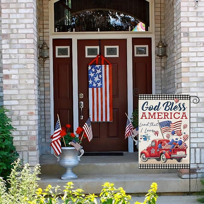 4th of July Garden Flags for Outside,Patriotic American Truck with Buffalo Plaid Small Yard Flags for Outdoor, Memorial Day Decorations for Holiday Summer 250th USA Anniversary 12x18 Inch Double Sided