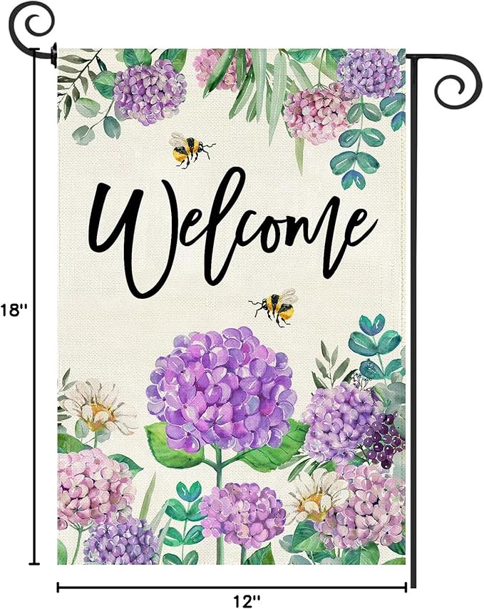 Baccessor Spring Hydrangea Garden Flag Double Sided 12x18 Inch, Summer Purple Flower Floral Welcome Small Yard Flag Burlap Seasonal Farmhouse Yard Outdoor Decoration
