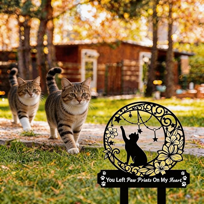 Cat Grave Marker Memorial ,Cat Headstone,Metal Pet Grave Decorations for Cemetery,Cat Memorial Gifts with Garden Cat Silhouette,Waterproof Pet Headstone Memorial for Yard, Garden or Indoor Memorial