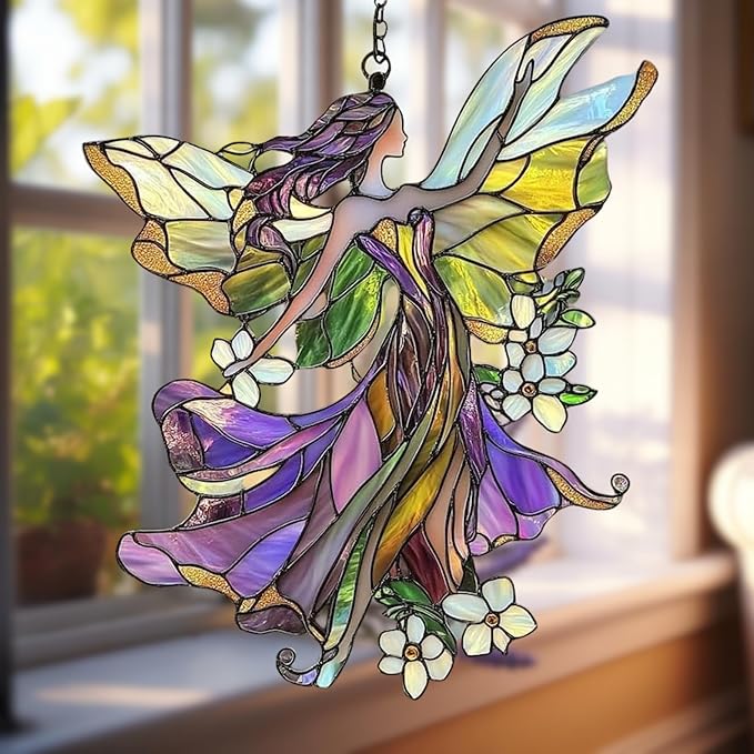 Floral Fairy Acrylic Suncatcher, Boho Suncatchers for Window Hanging Ornament, Stained Glass Effect Indoor Outdoor Garden Decor for Fairy Lover, Gifts for Mother's Day, Mom, Grandma, Wife, Women