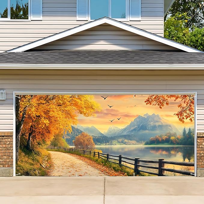 13x6 ft Autumn Country Road Garage Door Banner - Golden Fall Foliage Lane Backdrop, Hanging Garage Decor - for Thanksgiving Fall Festival Background, Rustic Outdoor Wall Art