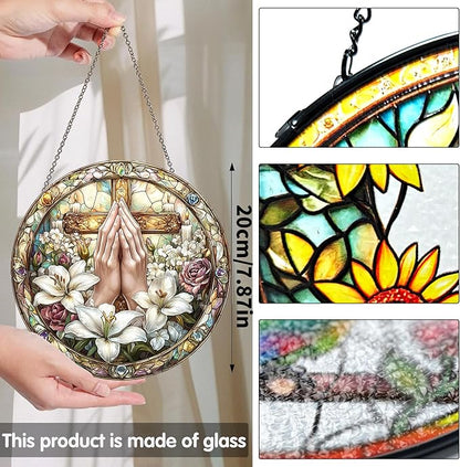 Bimkole Lily Stained Glass Suncatcher Window Hanging - Religion Indoor Window or Doorway Decoration - Handmade Sun Catcher Decor for Garden Home Christmas & Birthday Gifts 7.87x7.87 inch