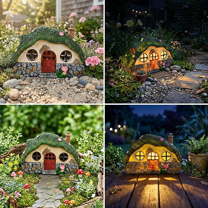 Solar Fairy Garden House, Outdoor Resin Statues, Outdoor Figurine Lights, Fairy Houses for Outside, Garden Statues House, for Patio, Yard, Balcony Decoration
