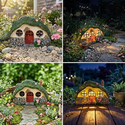 Solar Fairy Garden House, Outdoor Resin Statues, Outdoor Figurine Lights, Fairy Houses for Outside, Garden Statues House, for Patio, Yard, Balcony Decoration