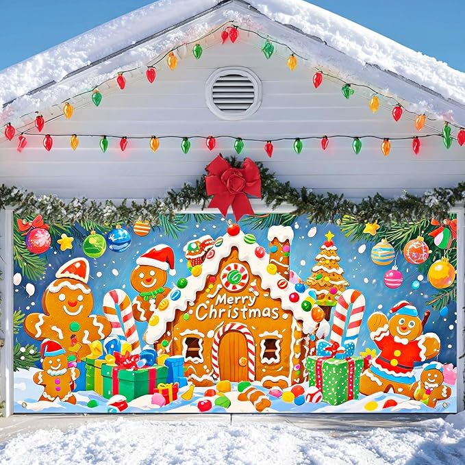 IVN Merry Christmas Garage Door Banner 13x6ft Festive Backdrop Gingerbread House Photo Prop Background for Joyful Holiday Yard Door Cover Background Outdoor Winter Scene