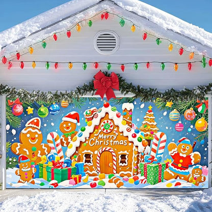 IVN Merry Christmas Garage Door Banner 13x6ft Festive Backdrop Gingerbread House Photo Prop Background for Joyful Holiday Yard Door Cover Background Outdoor Winter Scene
