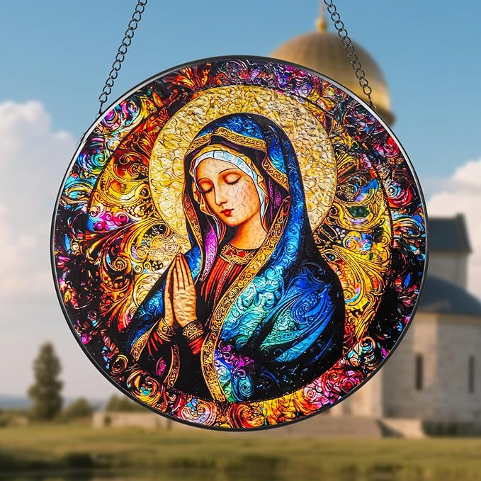 Suncatcher Stained Glass Window Hanging - Mother Mary Glass Panel with Metal Chain and Hooks Handmade Sun Catcher Decoration for Window Garden Home Christmas & Birthday Gifts (6.3 Inch)