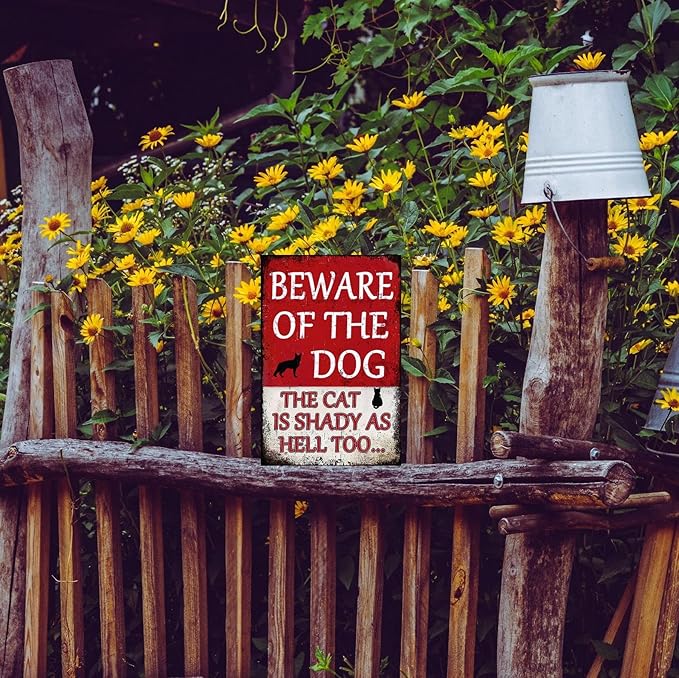 Funny Private Property No Trespassing Warning Signs, Beware of the Dog, the Cat is Shady as Hell too, Yard Sign Garage Farm Garden Wall Decor Sign Plaque Outdoor for Home Fence 8 X 12 Inches