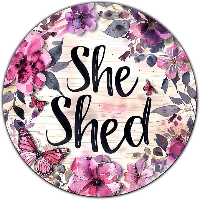 Vintage She Shed Round Metal Sign She Shed Decor Rustic Wreath Wall Decoration for Home Kitchen Garden Women Cave Indoor Outdoor Home Porch Window Decor 8 Inch