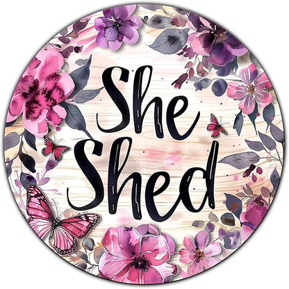 Vintage She Shed Round Metal Sign She Shed Decor Rustic Wreath Wall Decoration for Home Kitchen Garden Women Cave Indoor Outdoor Home Porch Window Decor 8 Inch