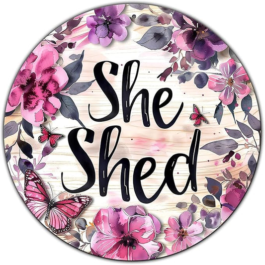 Vintage She Shed Round Metal Sign She Shed Decor Rustic Wreath Wall Decoration for Home Kitchen Garden Women Cave Indoor Outdoor Home Porch Window Decor 8 Inch