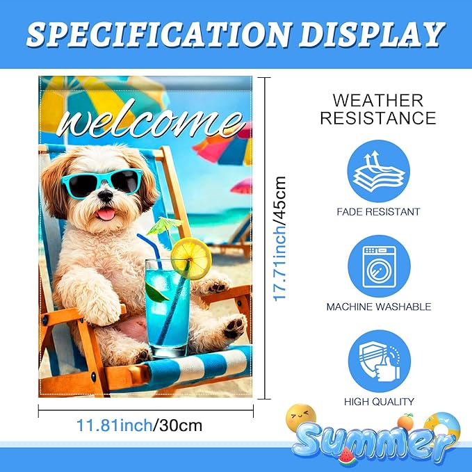 BlissYard Welcome Summer Shih Tzu Garden Flag 12x18 Double Sided Vertical Outdoor Decor Beach Chair Dog Yard Lawn Patio Tropical Poolside Banner