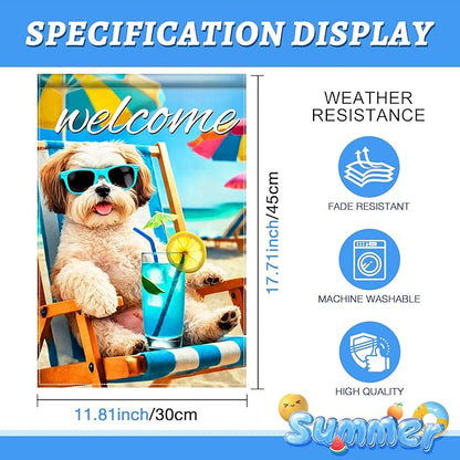 BlissYard Welcome Summer Shih Tzu Garden Flag 12x18 Double Sided Vertical Outdoor Decor Beach Chair Dog Yard Lawn Patio Tropical Poolside Banner