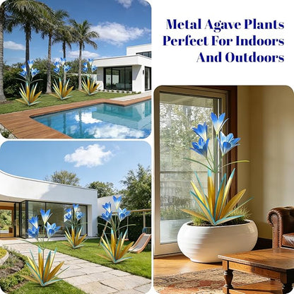 TOMBABY 32.28 Inch Metal Agave Plant Outdoor Decoration Lily Mexican Yard Art Garden Gift Home Decor Hand Painted Metal Agave Garden Yard Statue (1, Blue)