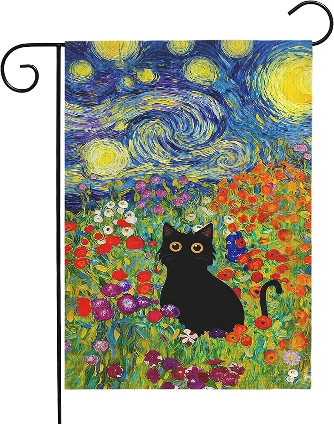 Spring Cat Garden Flag Van Gogh Style Black Cats Yard Falgs Vibrant Starry Night Floral Colorful Summer Artistic Kitty Flower Field House Banner for Porch Patio Lawn Pathway 12x18 Inch