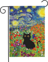 Spring Cat Garden Flag Van Gogh Style Black Cats Yard Falgs Vibrant Starry Night Floral Colorful Summer Artistic Kitty Flower Field House Banner for Porch Patio Lawn Pathway 12x18 Inch