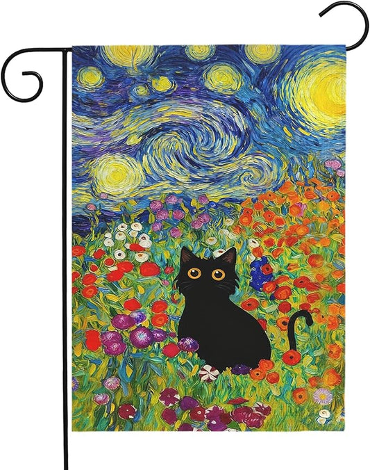 Spring Cat Garden Flag Van Gogh Style Black Cats Yard Falgs Vibrant Starry Night Floral Colorful Summer Artistic Kitty Flower Field House Banner for Porch Patio Lawn Pathway 12x18 Inch