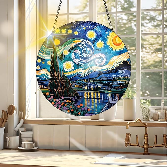 VAIIEYO Starry Night Sun Catcher Stained Glass Window Hanging Ornament, Handmade Sun Catcher Landscape Decoration with Hooks for Window Garden Home, Mother's Day & Birthday Housewarming Gift 7.8 inch