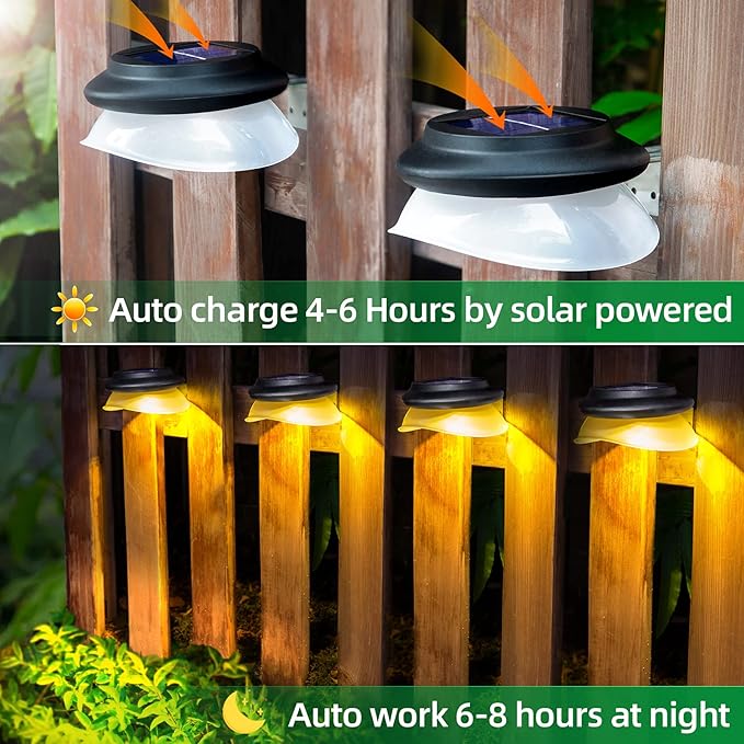 JSOT Outdoor Fence Lights, Solar Gutter Lights Waterproof, 2 Installations Methods for Deck Garden Porch Garage Wall Patio Backyard - Warm White, 6 Pack
