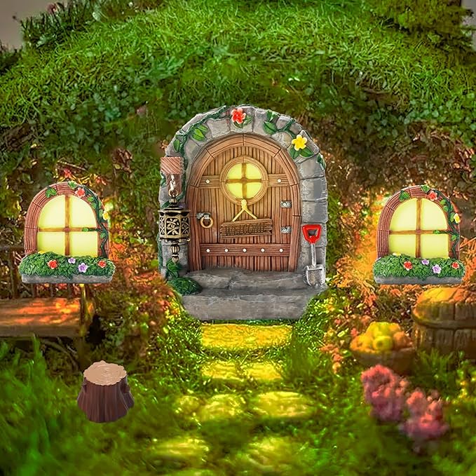 Exasinine 6 Pcs Fairy Door and Windows for Trees Glow in The Dark Fairy Doors Miniature Fairy Garden Accessories for Wall Tree Fairy Garden Outdoor Decor with Tree Stump, 2 Fairy Lanterns