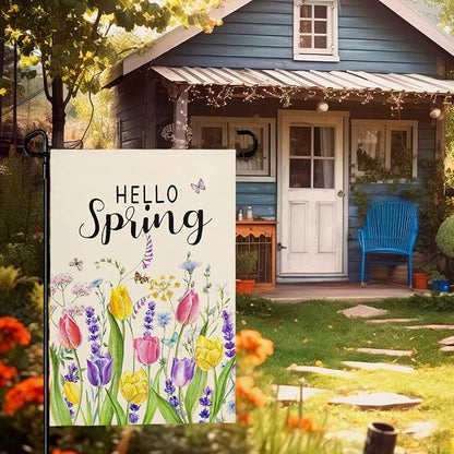 Hello Spring Tulip Garden Flag 12x18 Inch Double Sided Flowers Garden Flags Seasonal Summer Floral Yard Flags for Outside Farmhouse Outdoor Decorations