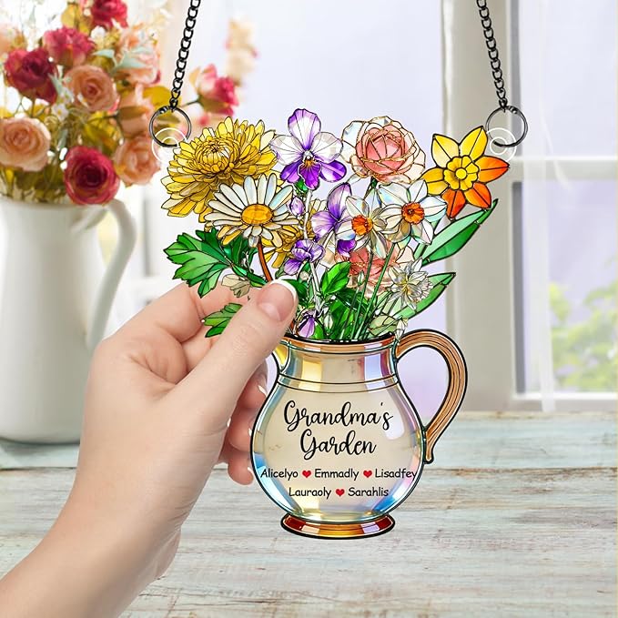 Personalized Grandmas Garden Stained Glass Acrylic Suncatchers, Custom Name Birth Month Flowers Window Hanging Ornament, Mothers Day Christmas Birthday Gifts for Grandma Mom Nana Mimi (Style 07)
