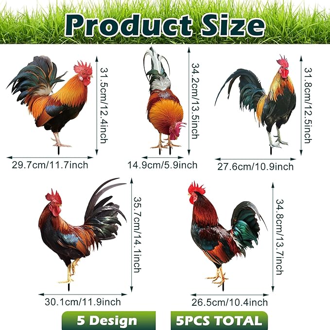 Soaoo 5 Pcs Acrylic Rooster Yard Decorations Outdoor Garden Chicken Statues Rooster Garden Decor Chicken Party Decorations for Outdoor Lawn