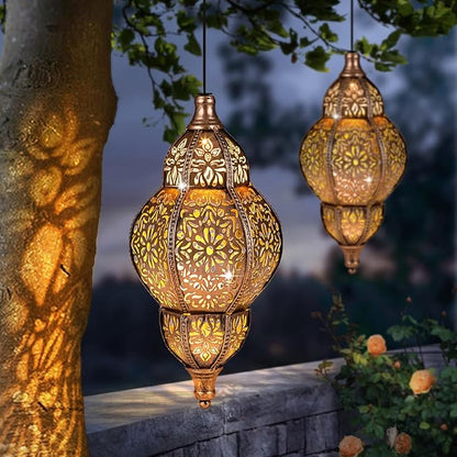 Hanging Solar Lantern Outdoor Decor, Moroccan Solar Lights for Outside Garden Decorations, Waterproof Solar Lanterns Garden Gifts for Mom, Women, Patio, Yard Ornament (Copper2P)