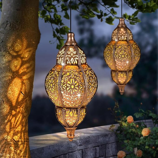 Hanging Solar Lantern Outdoor Decor, Moroccan Solar Lights for Outside Garden Decorations, Waterproof Solar Lanterns Garden Gifts for Mom, Women, Patio, Yard Ornament (Copper2P)
