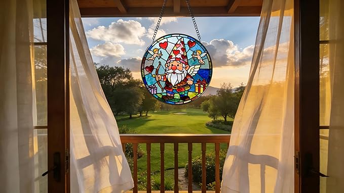 Funoasis Romantic Valentine's Day Stained Glass 6.3 Inches Suncatcher - Cupid Arrow and Heart Ornaments Window Hanging Gift for Her & Him