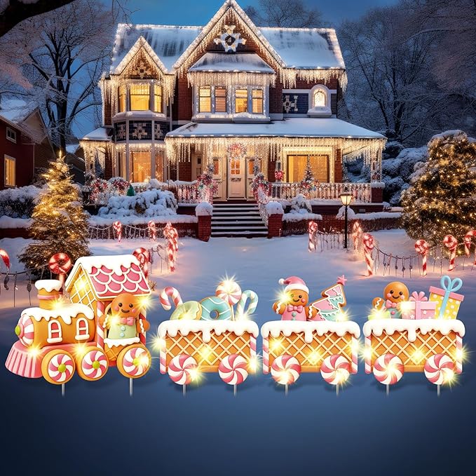 Marsui 4 Pcs Christmas Train Decoration Yard Sign with 4 LED Light Lawn Sign Christmas Pink Gingerbread Candy Gift Box Train Set with 8 Stake for Xmas Garden Outdoor Holiday Party Decor