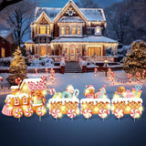Marsui 4 Pcs Christmas Train Decoration Yard Sign with 4 LED Light Lawn Sign Christmas Pink Gingerbread Candy Gift Box Train Set with 8 Stake for Xmas Garden Outdoor Holiday Party Decor