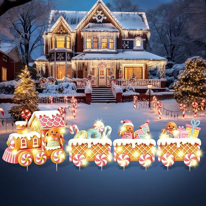 Marsui 4 Pcs Christmas Train Decoration Yard Sign with 4 LED Light Lawn Sign Christmas Pink Gingerbread Candy Gift Box Train Set with 8 Stake for Xmas Garden Outdoor Holiday Party Decor
