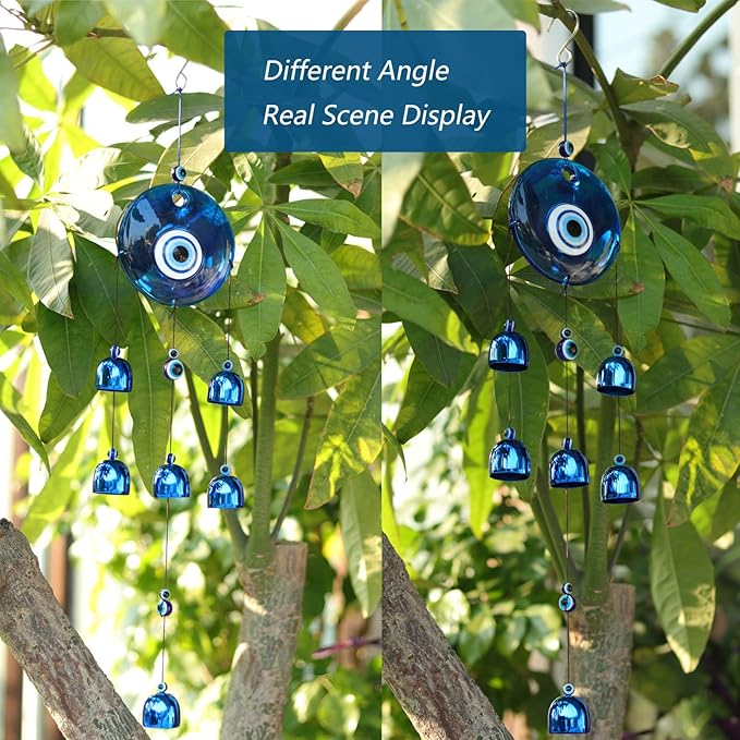 BWINKA Blue Evil Eye Wind Chime for Outdoor & Indoor - Shatter-Resistant Transparent Acrylic Suncatcher & Blue Metal Bells Wall Hanging Decor for Protection, Good Luck Gift