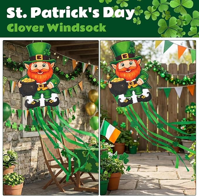 Soulchen St. Patrick's Day Leprechaun Windsock for Outside 40'' Windsocks for St. Patrick's Day Decorations Hanging Leprechaun for Farmhouse Garden Home Yard Decor