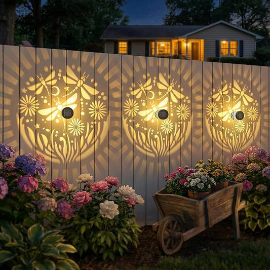 2 Pack Solar Fence Lights Outdoor Wall Lights Metal Solar Powered Deck Step Stair Lights Dragonfly Theme Waterproof Fence Solar Light for Garden Post Patio Yard Decor, Gardening Gifts for Women Mom