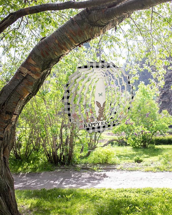 Wind Spinners for Outdoor - 8in, Easter Rabbits Leopard Print Buffalo Plaid 3D Hanging Stainless Steel Wind Sculpture for Patio, Lawn, Garden Yard Balcony Art Decor