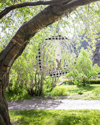 Wind Spinners for Outdoor - 8in, Easter Rabbits Leopard Print Buffalo Plaid 3D Hanging Stainless Steel Wind Sculpture for Patio, Lawn, Garden Yard Balcony Art Decor