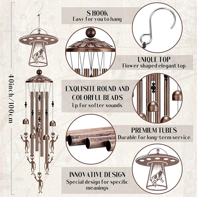 Wind Chimes for Outside - Alien Decor Metal Windchime Outdoor Garden Yard Patio Backyard Indoor Balcony Art Hanging Waterproof UFO Decoration Birthday Gifts for Men Women Mom Grandma Wife
